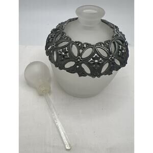Silvestri Frosted Glass Perfume Bottle Topper W/Metal Silver Filigree